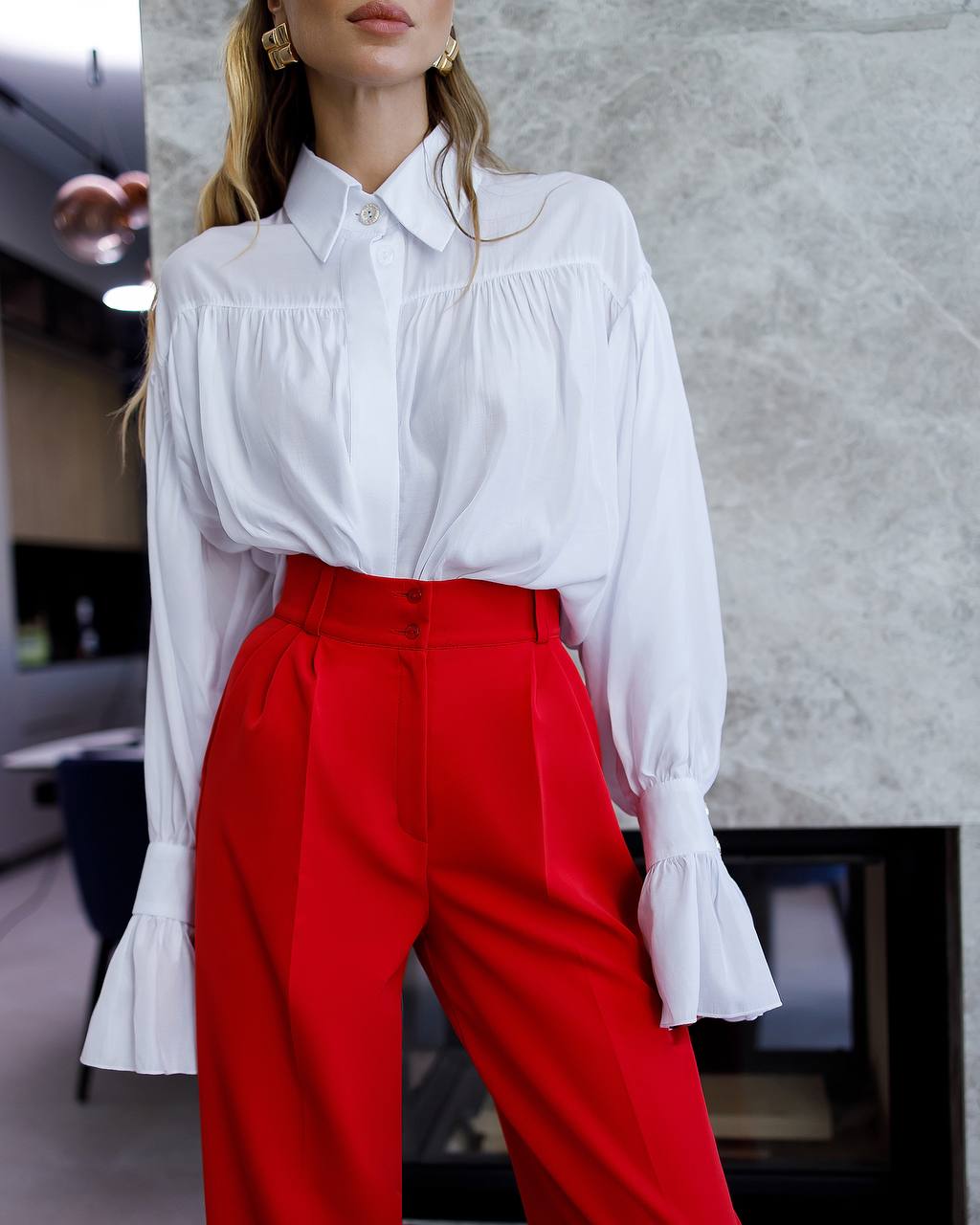 Women's High Waist Wide Leg Trousers in Suiting Crepe Diagonal Fabric