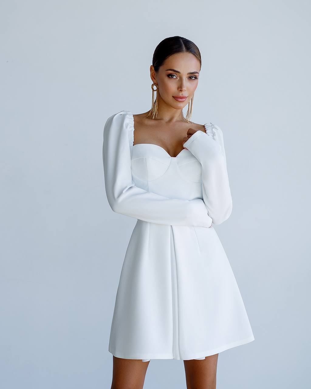 Elegant Mini Dress with Puff Sleeves in Premium Crepe Fabric