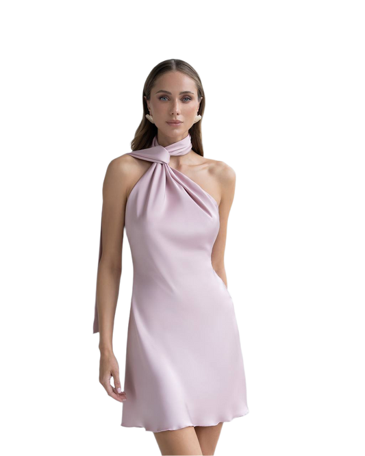 Elegant One Shoulder Satin Dress in Powder Pink