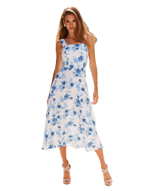 Blue Flowers Linen Midi Dress Women Summer Sundress
