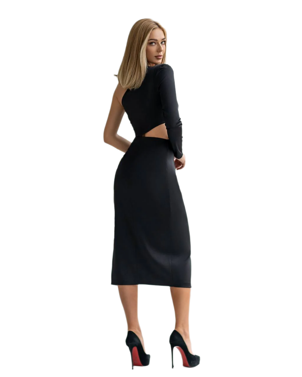 Woman wearing a black dress with cut-out design on a white background