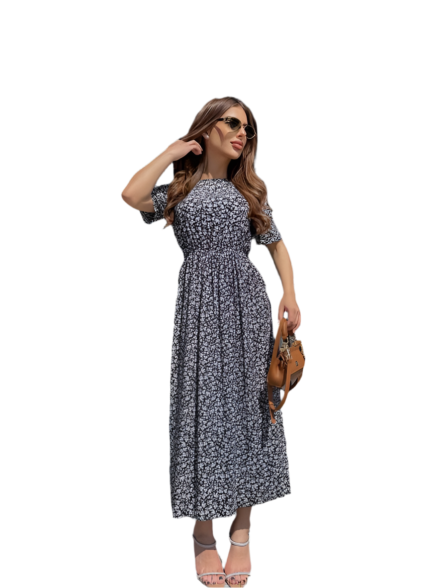 Lightweight Floral Midi Dress with Short Sleeves and Fitted Waist