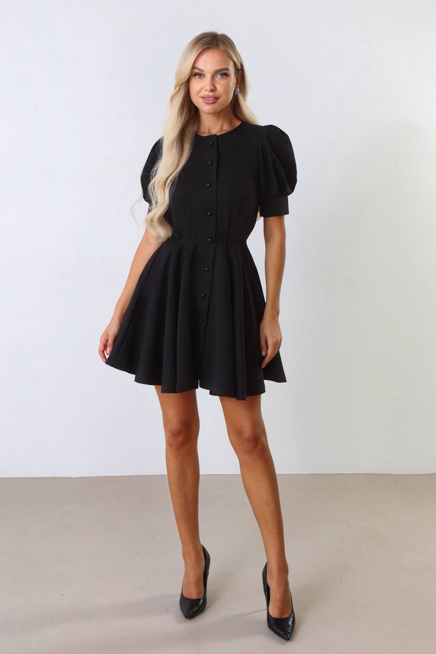 Woman wearing a black dress with puff sleeves against a white background