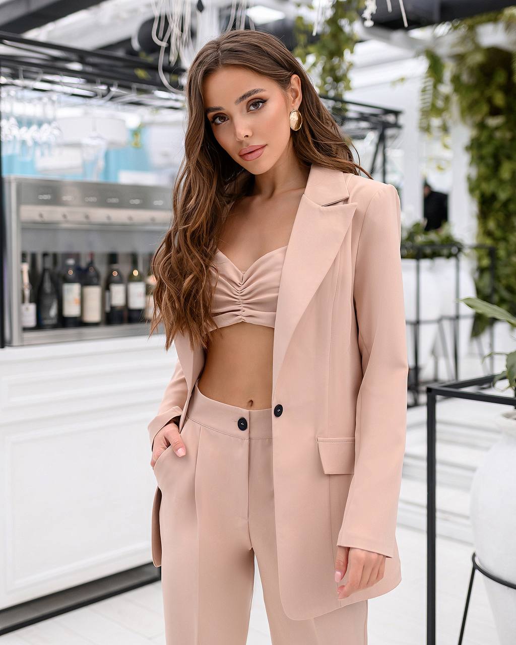 3 Pieces Women Prom Bridal Wedding Cocktail Suit Set Pantsuit Trousers Jacket Pants Top Bra Beige