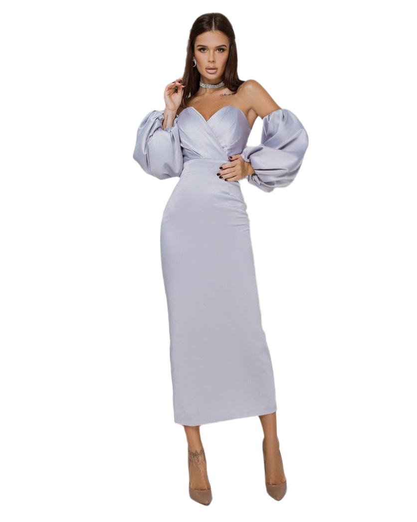 Elegant Mango Satin Crystal Dress for Women with Puffy Sleeves