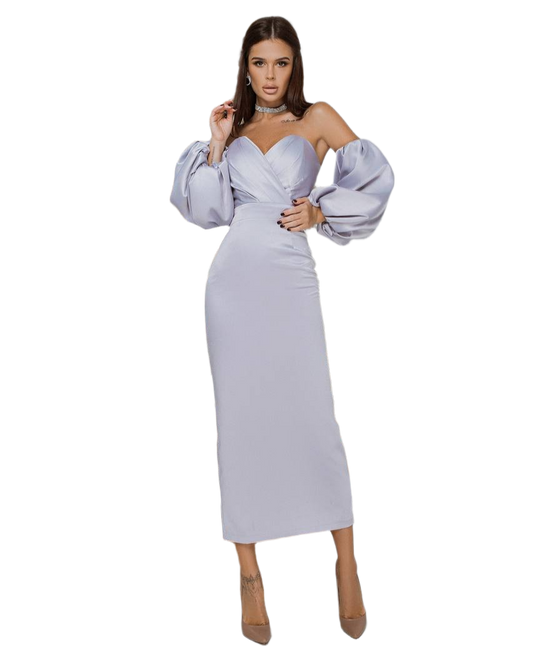 Elegant Mango Satin Crystal Dress for Women with Puffy Sleeves