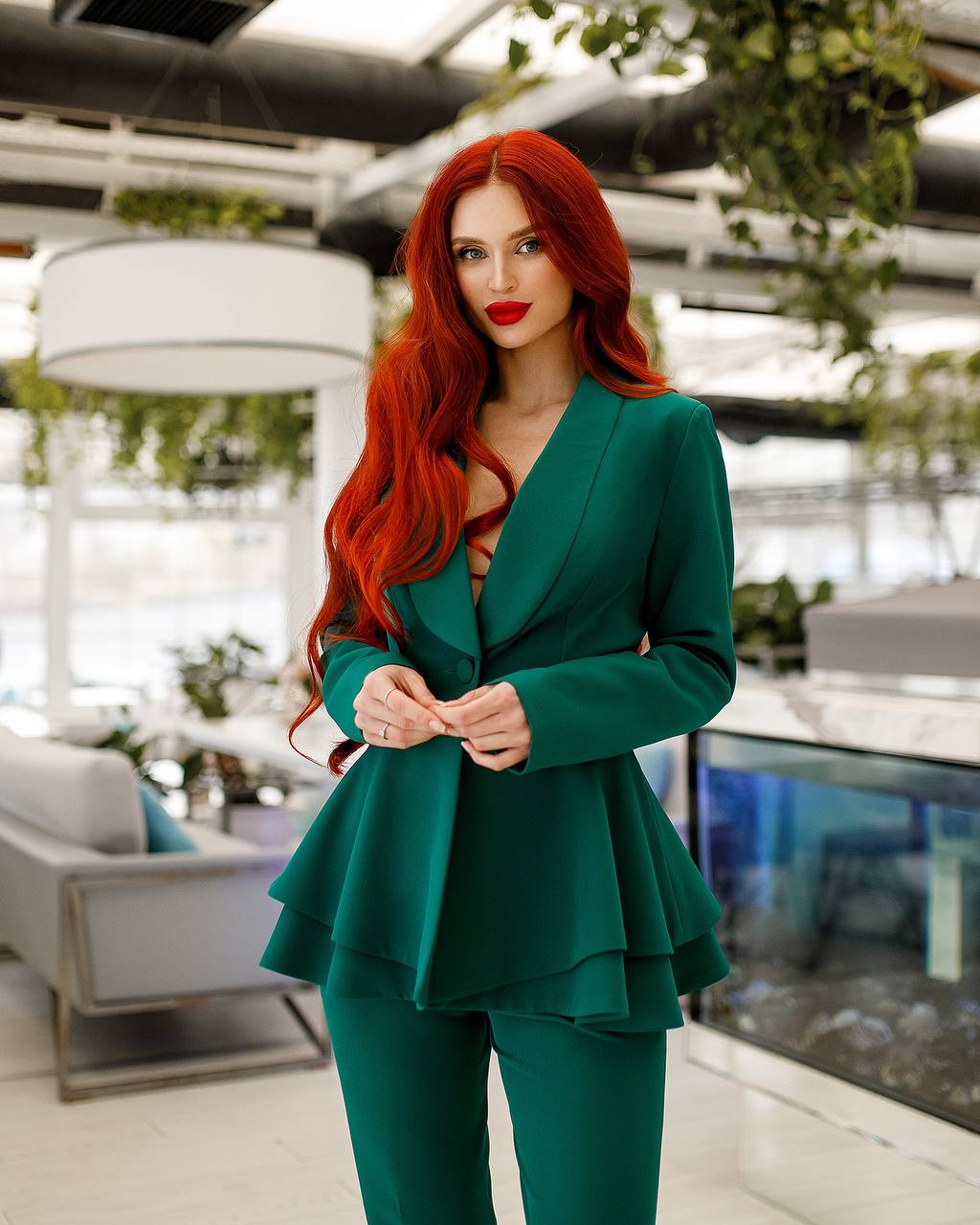 Premium Diagonal Crepe Women Suit with Peplum Jacket in Green