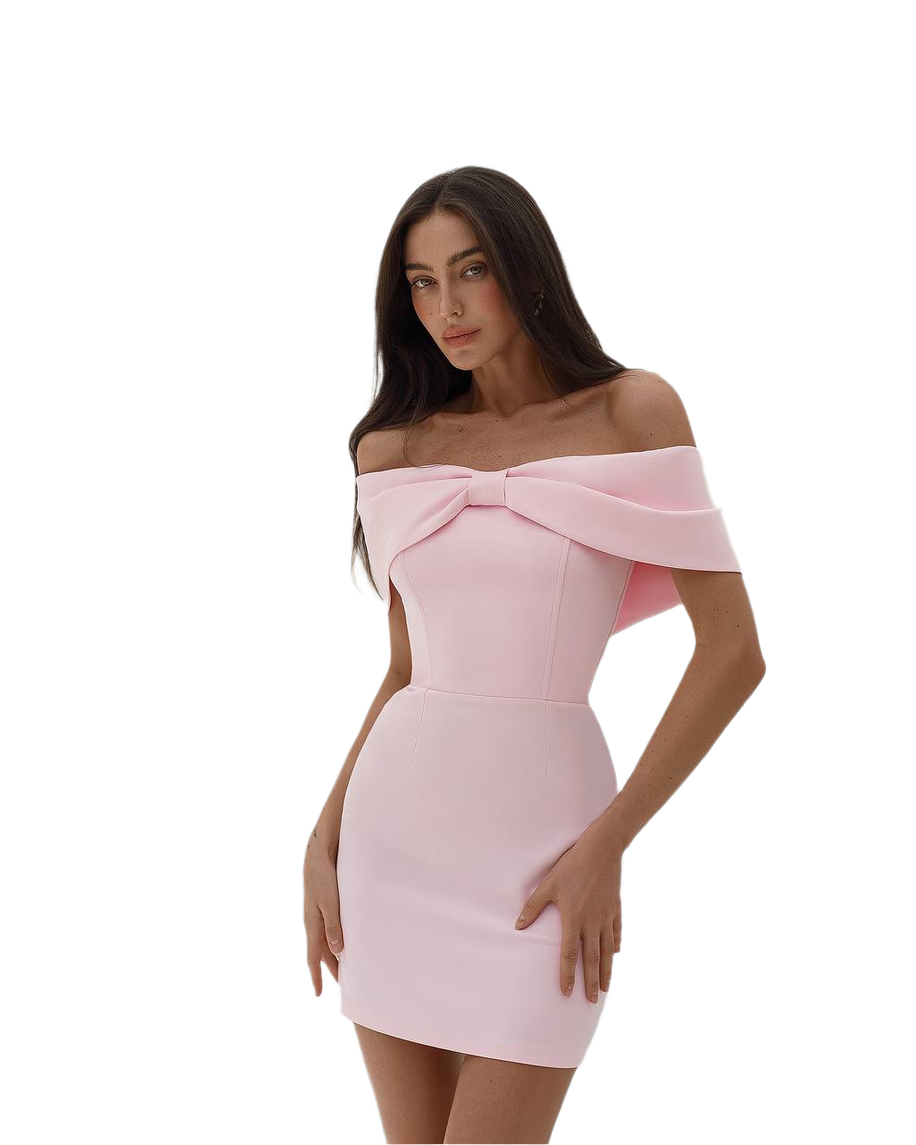 Elegant Off Shoulder Mini Dress with Corset Base in Powder Pink