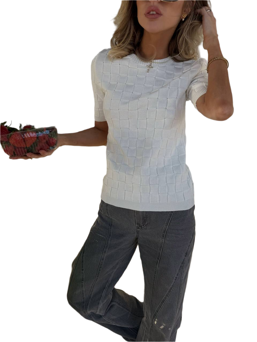 Womens White Textured Cotton T-Shirt Casual Summer Top
