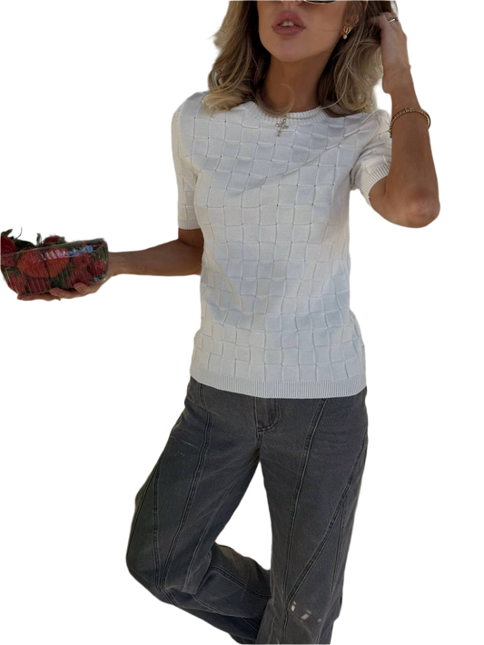 Womens White Textured Cotton T-Shirt Casual Summer Top