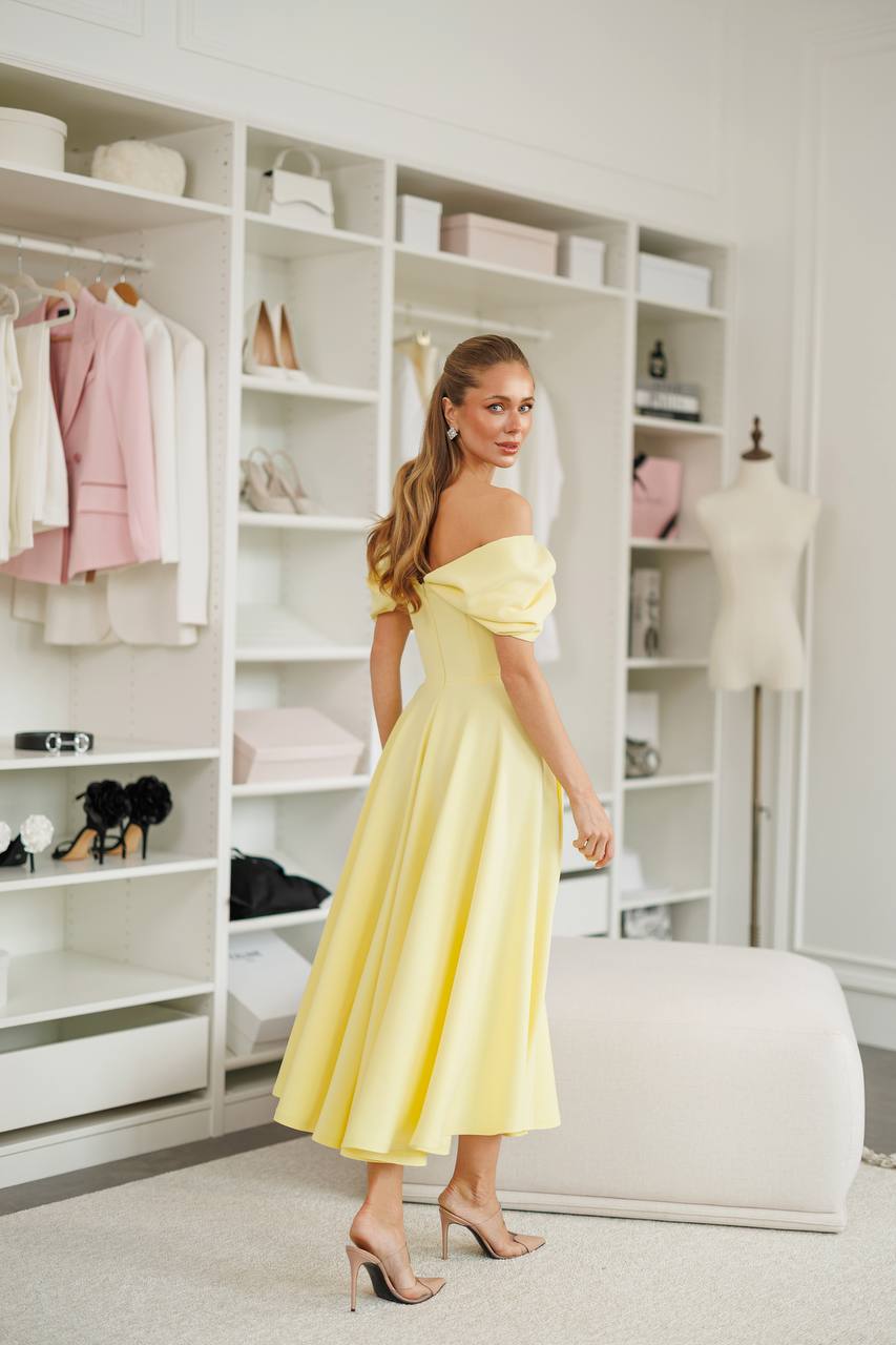 Elegant Off-Shoulder Yellow Diagonal Crepe Dress for Women
