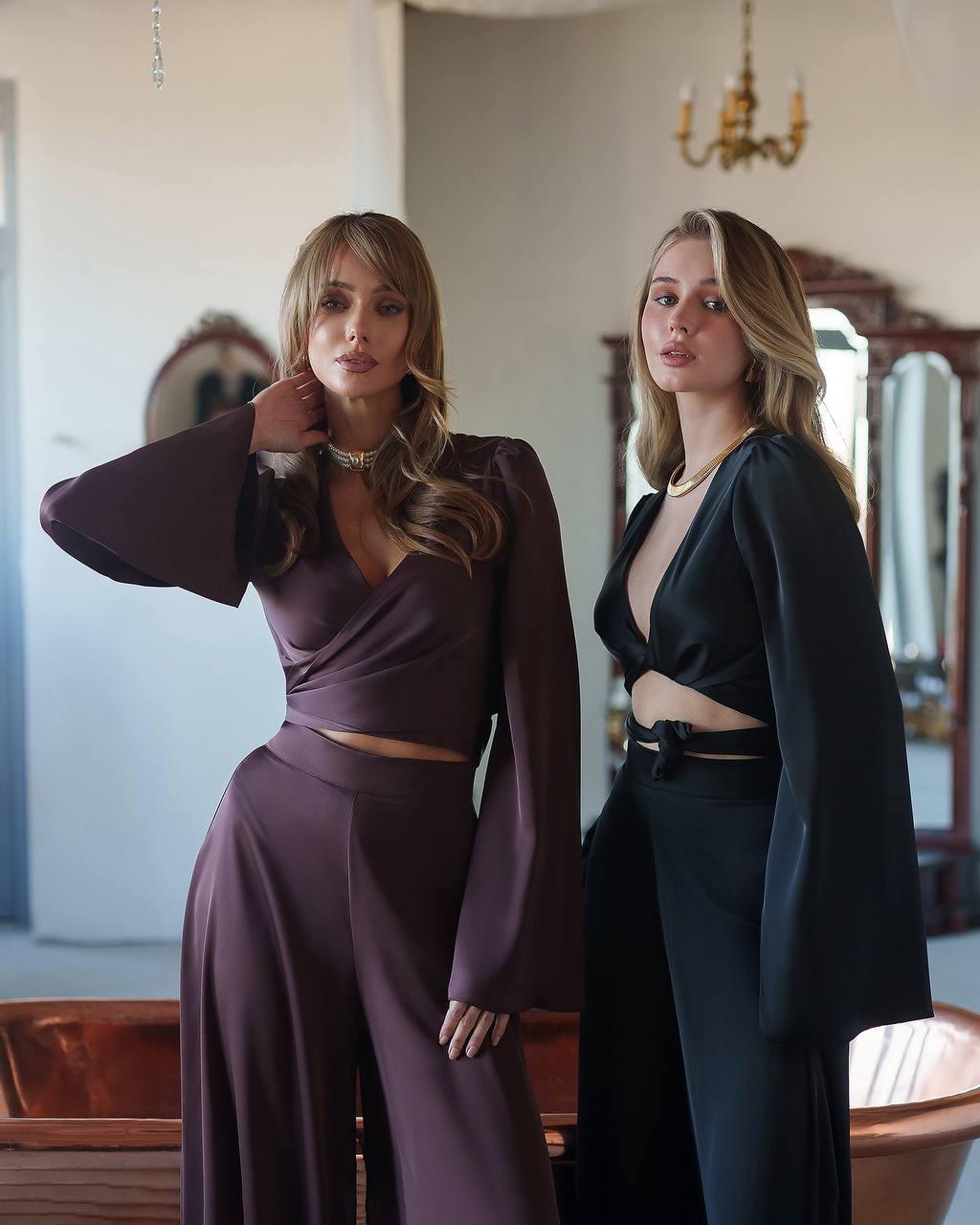 Elegant Women Suit Set in Dense Satin Fabric Paris Top and Wide Pants