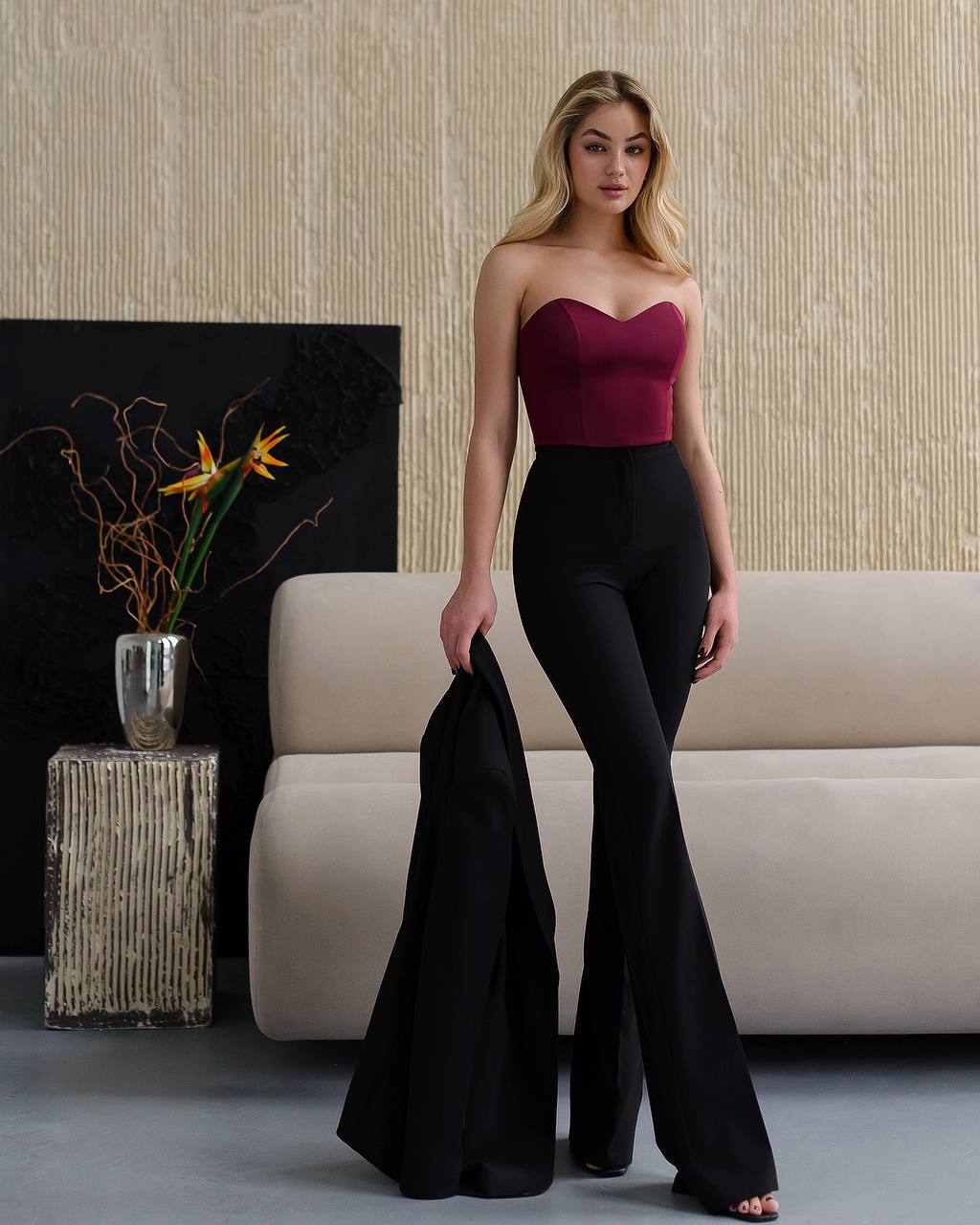 Womens Black Suit with Lined Blazer and Flared Pants