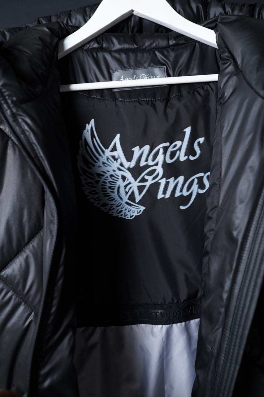 Black jacket with 'Angels Wings' logo on a hanger
