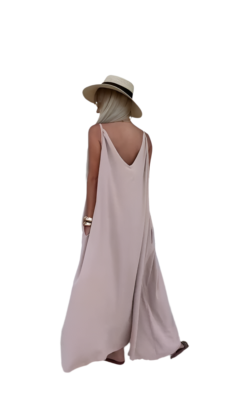 Lightweight Soft Fabric Summer Maxi Dress with Pockets and Waist Tie