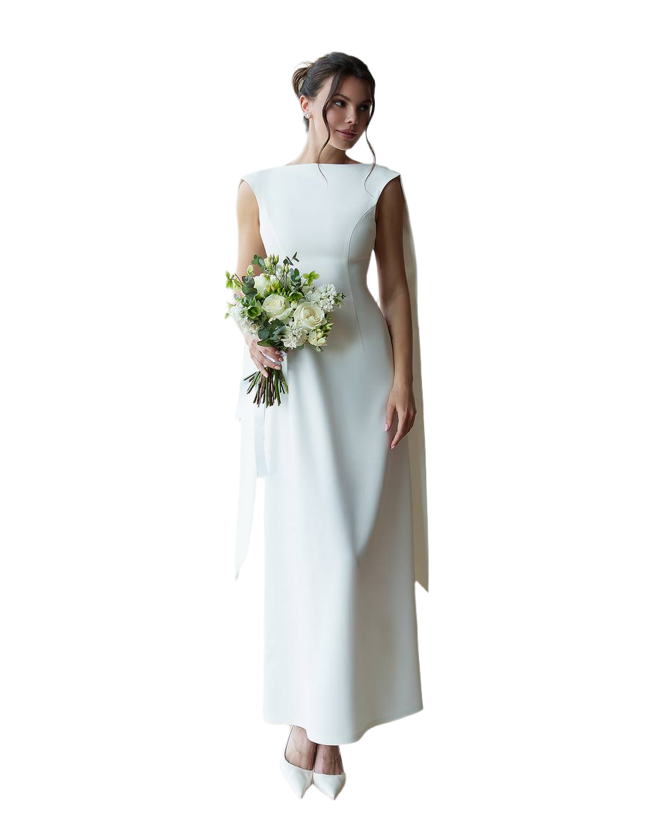 Woman in a white dress holding a bouquet of flowers on a white background