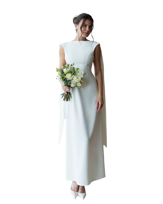Woman in a white dress holding a bouquet of flowers on a white background