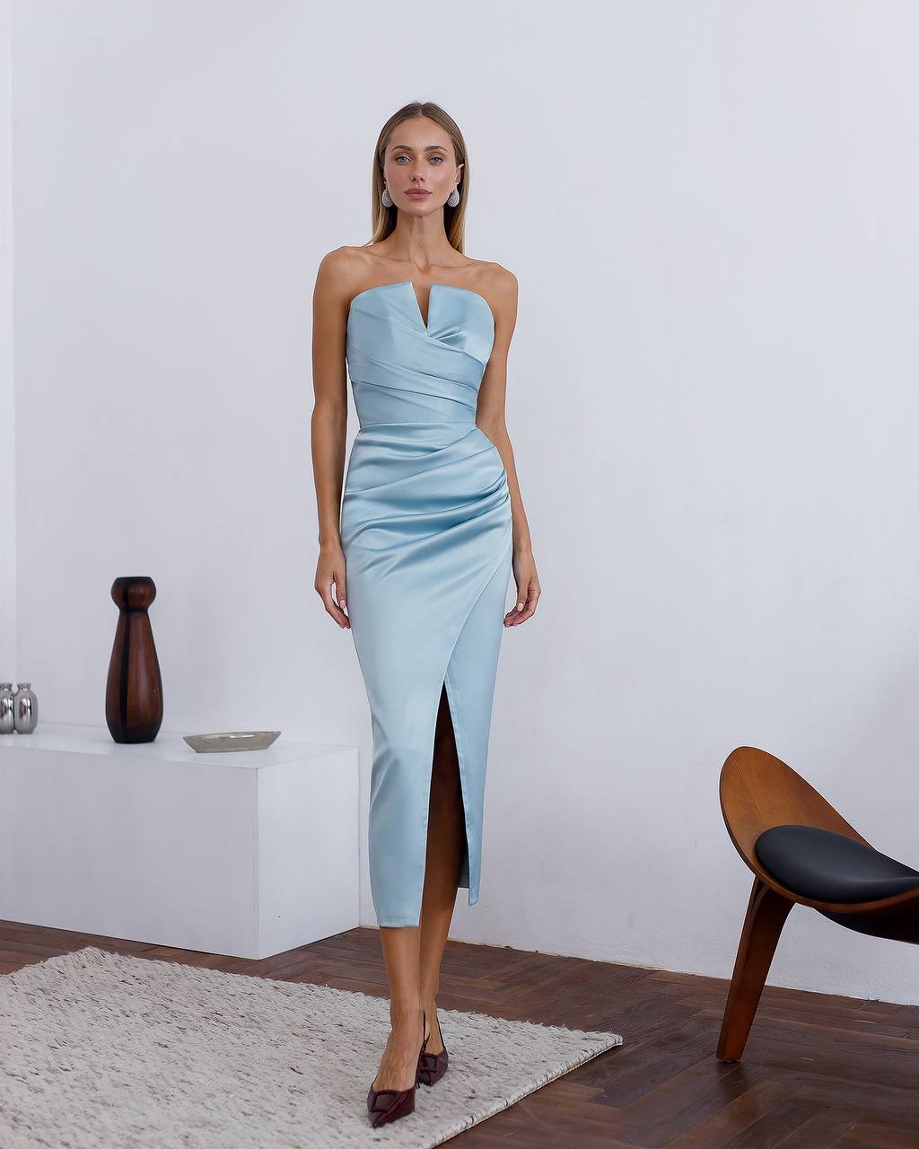 Elegant Royal Satin Midi Dress for Women with Puff Sleeves in Sky Blue