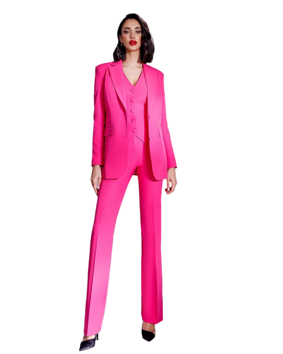 Womens Three Piece Suit with Vest in Vibrant Pink Diagonal Crepe