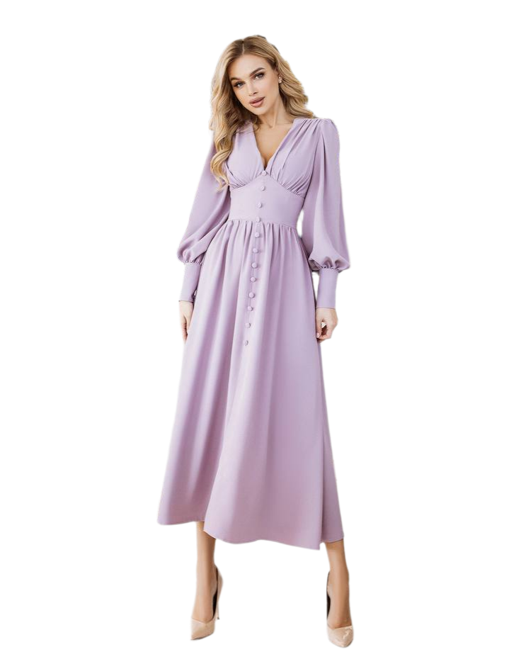 Elegant Crepe Silk Long Sleeve Buttoned Midi Dress for Women