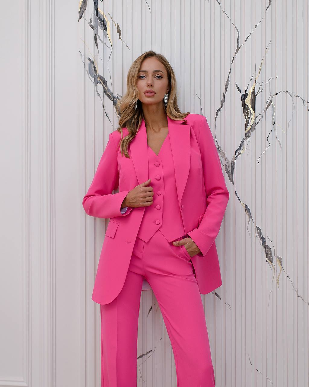 Womens Three Piece Suit with Vest in Vibrant Pink Diagonal Crepe