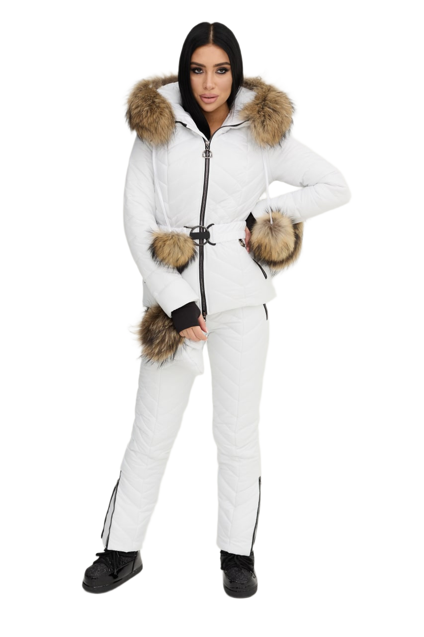 Person wearing a white snowsuit with fur-lined hood and cuffs on a white background