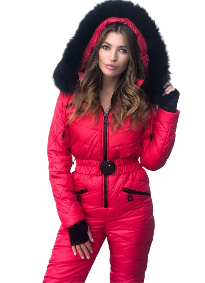 Woman wearing a red puffer jumpsuit with black fur hood on a white background