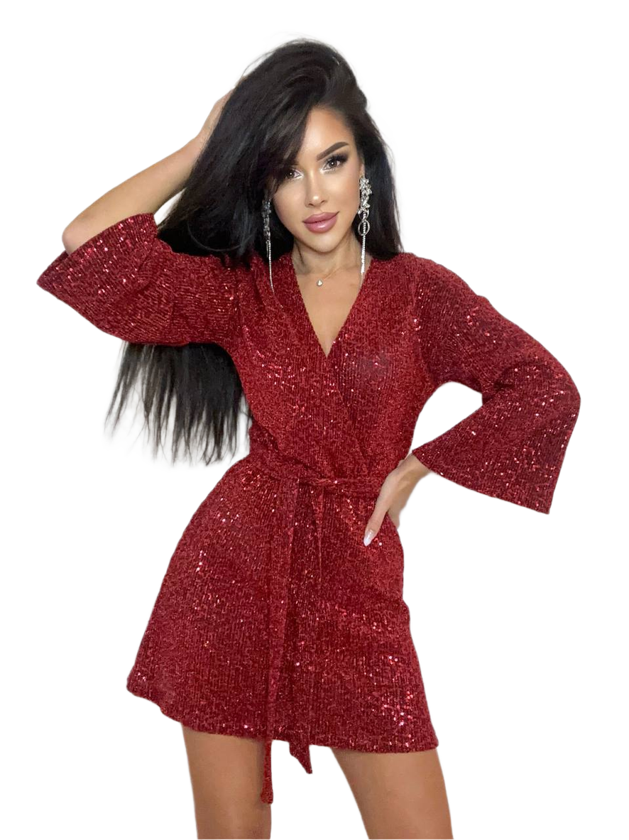 Red Sequined Wrap Mini Dress for Women