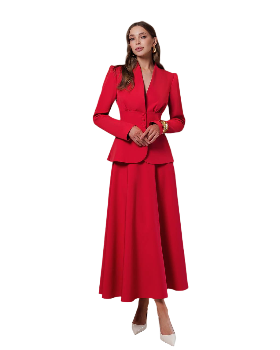 Womens Premium Suit Crepe Diagonal Jacket and Skirt Set in Red Milk and Black