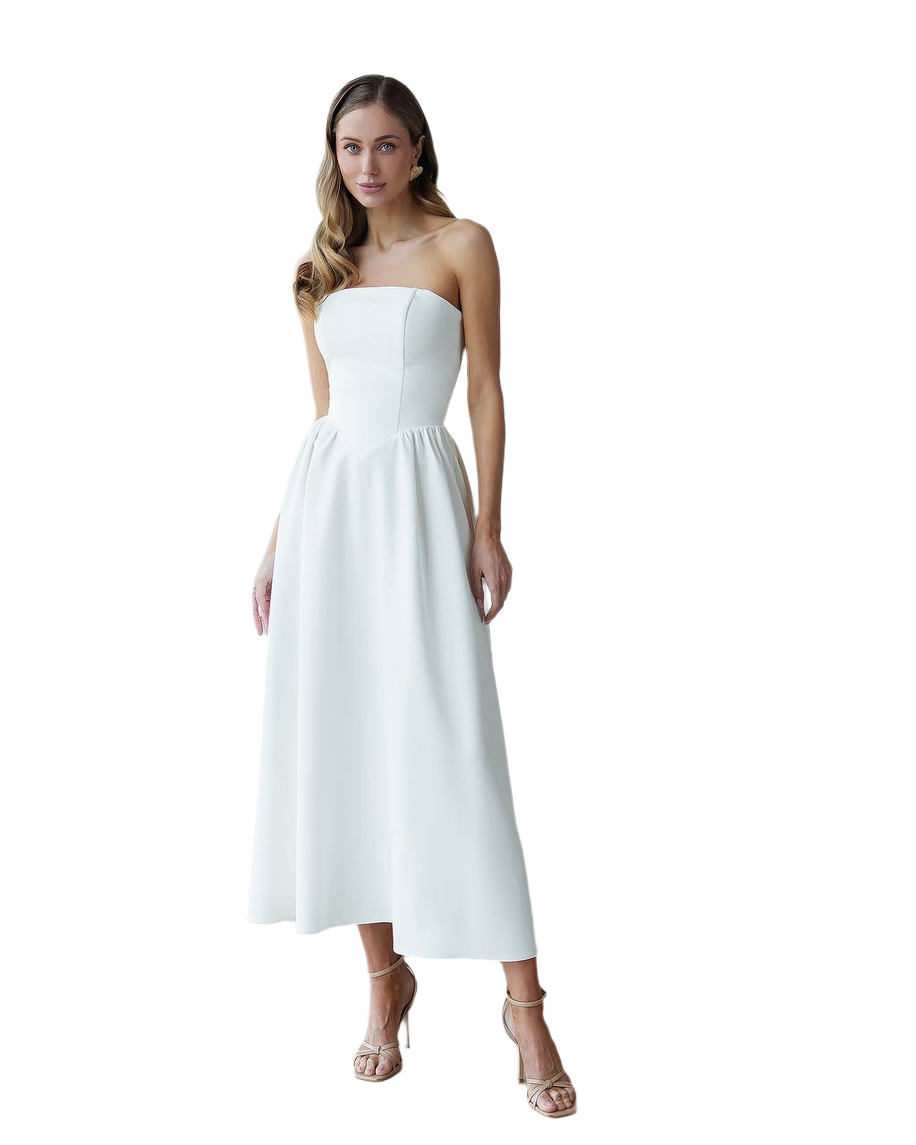 Elegant Strapless Midi Dress in Premium Costume Crepe Diagonal Fabric
