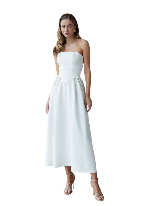 Elegant Strapless Midi Dress in Premium Costume Crepe Diagonal Fabric