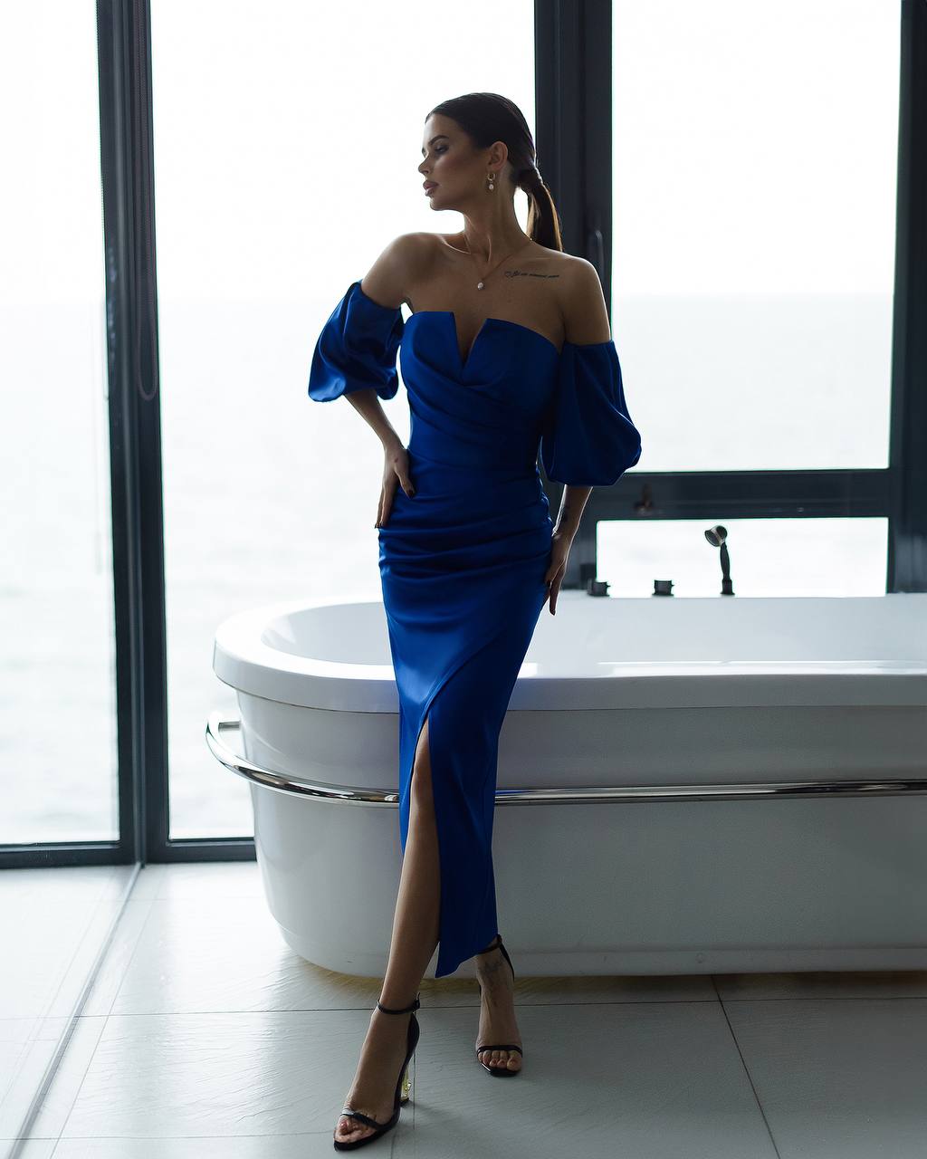 Royal Satin Midi Dress with Puff Sleeves in Electric Blue