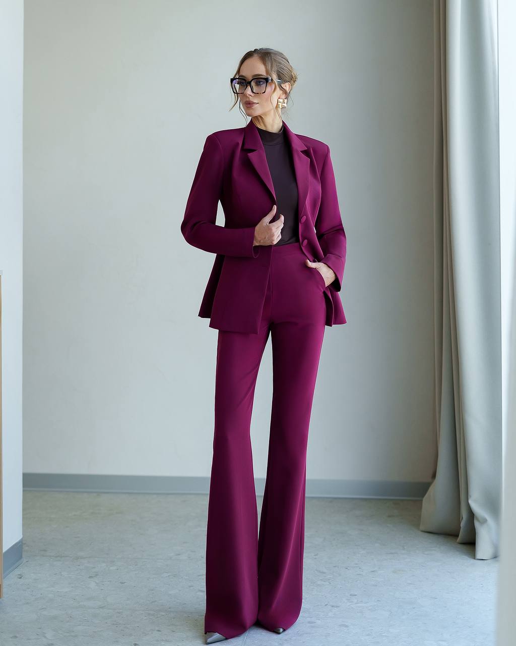 Womens Flared Pants Suit with Blazer Premium Crepe-Diagonal
