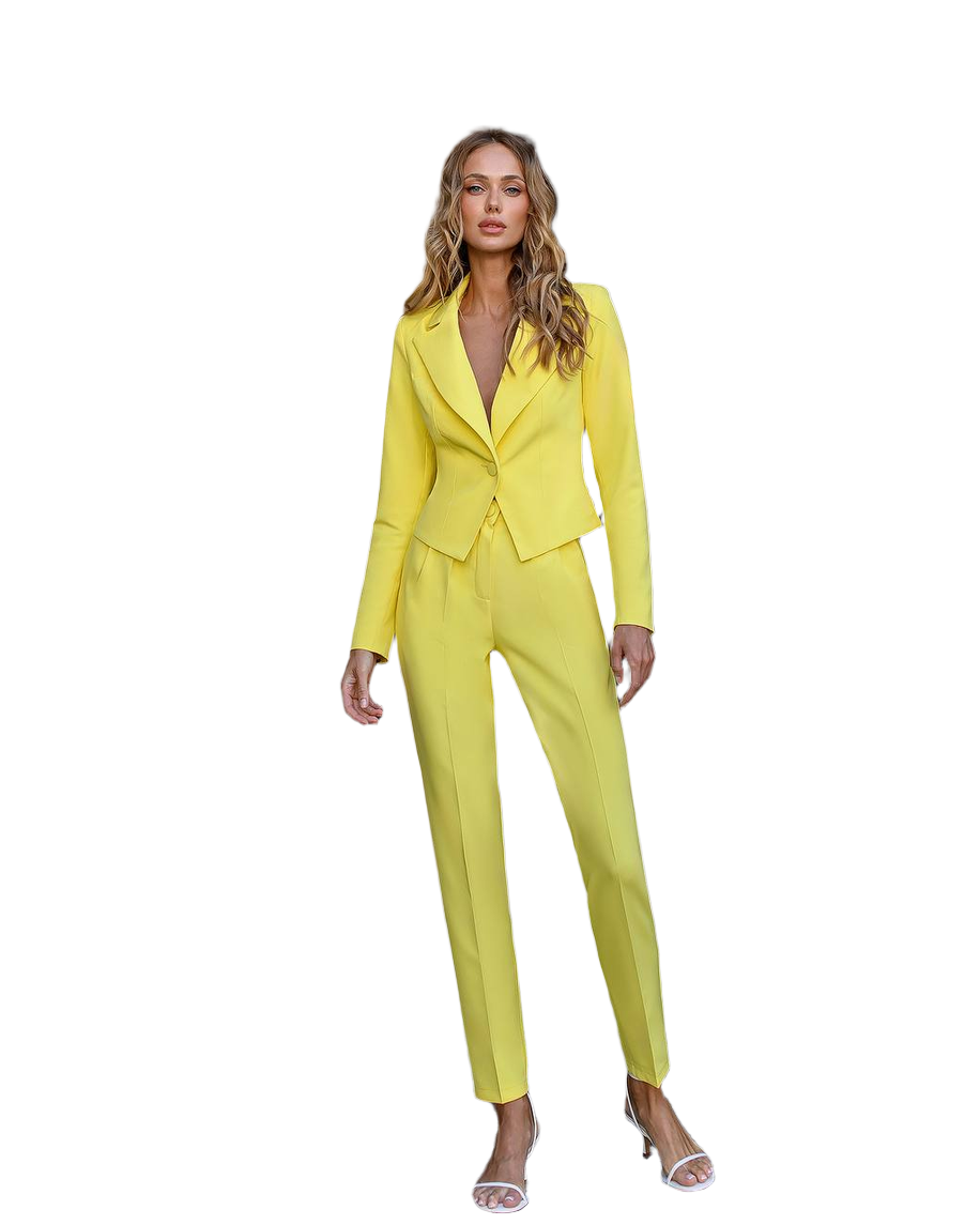 Womens Yellow Cropped Blazer Suit with Pants Premium Crepe Fabric