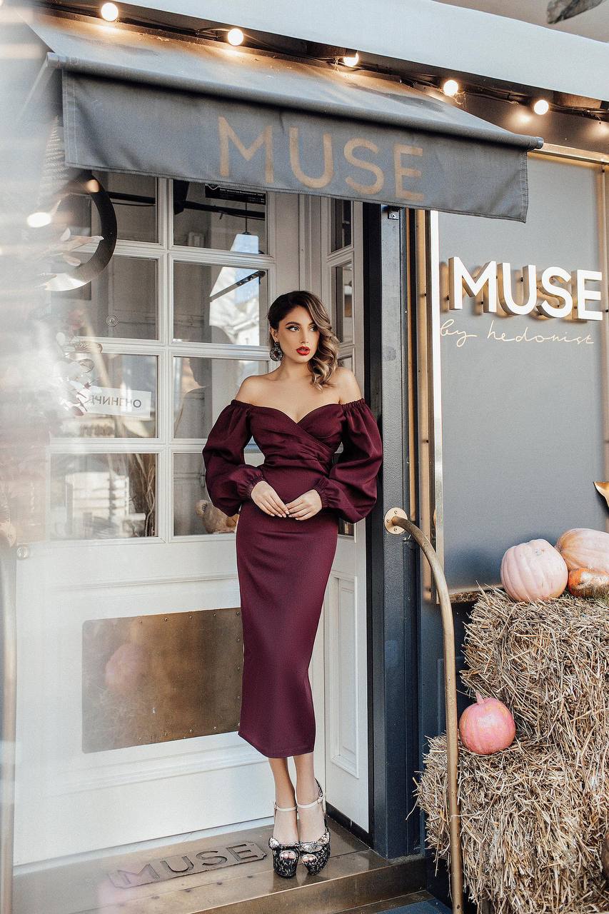 Elegant Burgundy Midi Dress with Puff Sleeves for Women