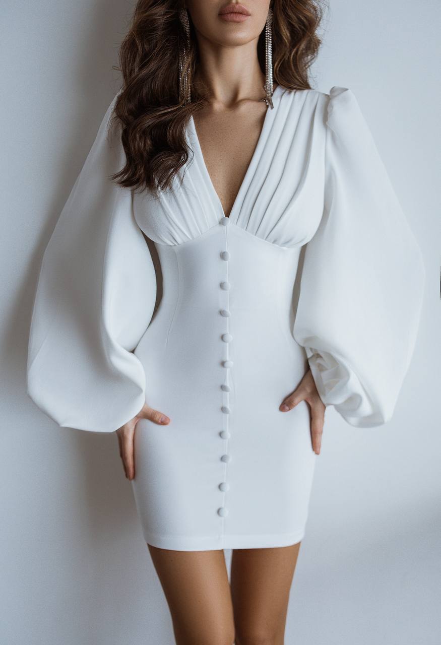 White dress with puffed sleeves worn by a model against a plain background