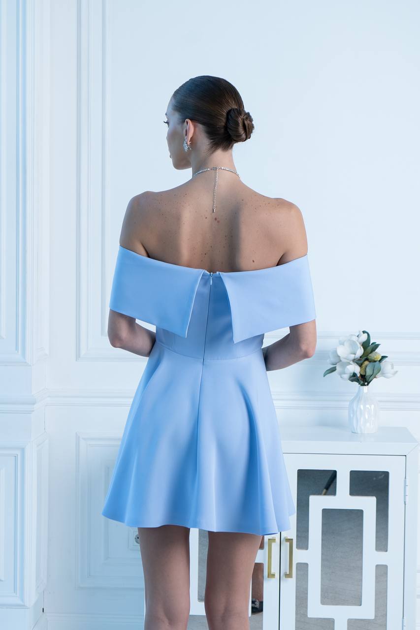 Woman wearing a light blue off-shoulder dress in a room with white walls and decorative elements.