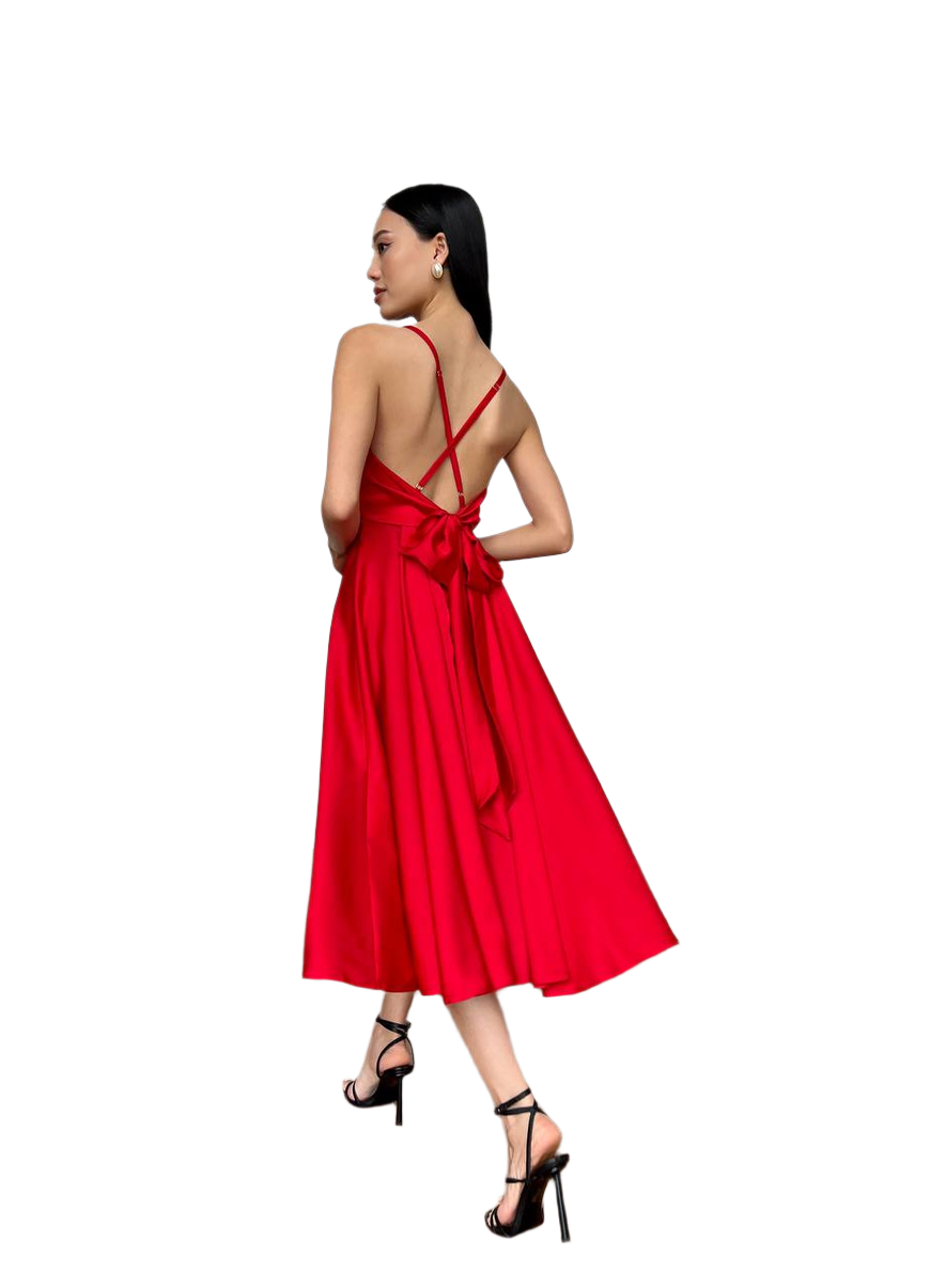 Red dress with a bow detail on a white background