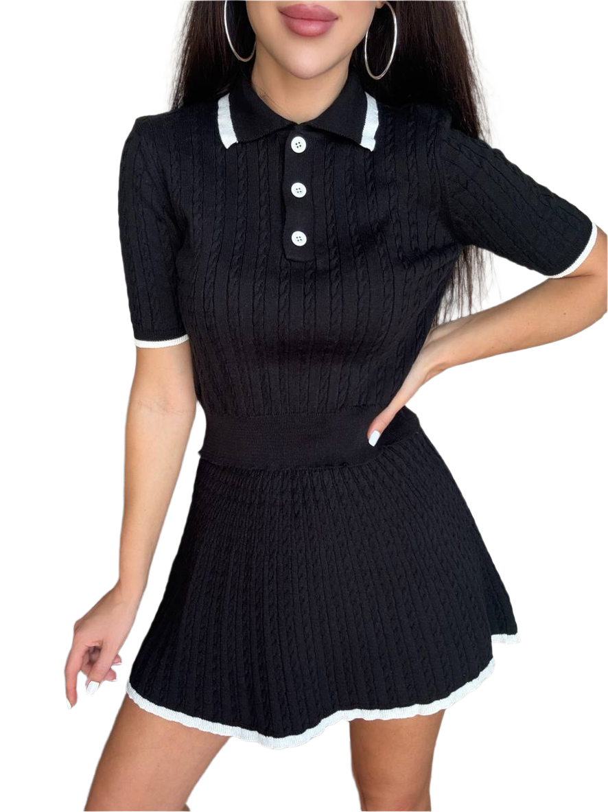 Lightweight Knit Women's Suit Two-Piece Set with Short Sleeve Blouse and Mini Skirt
