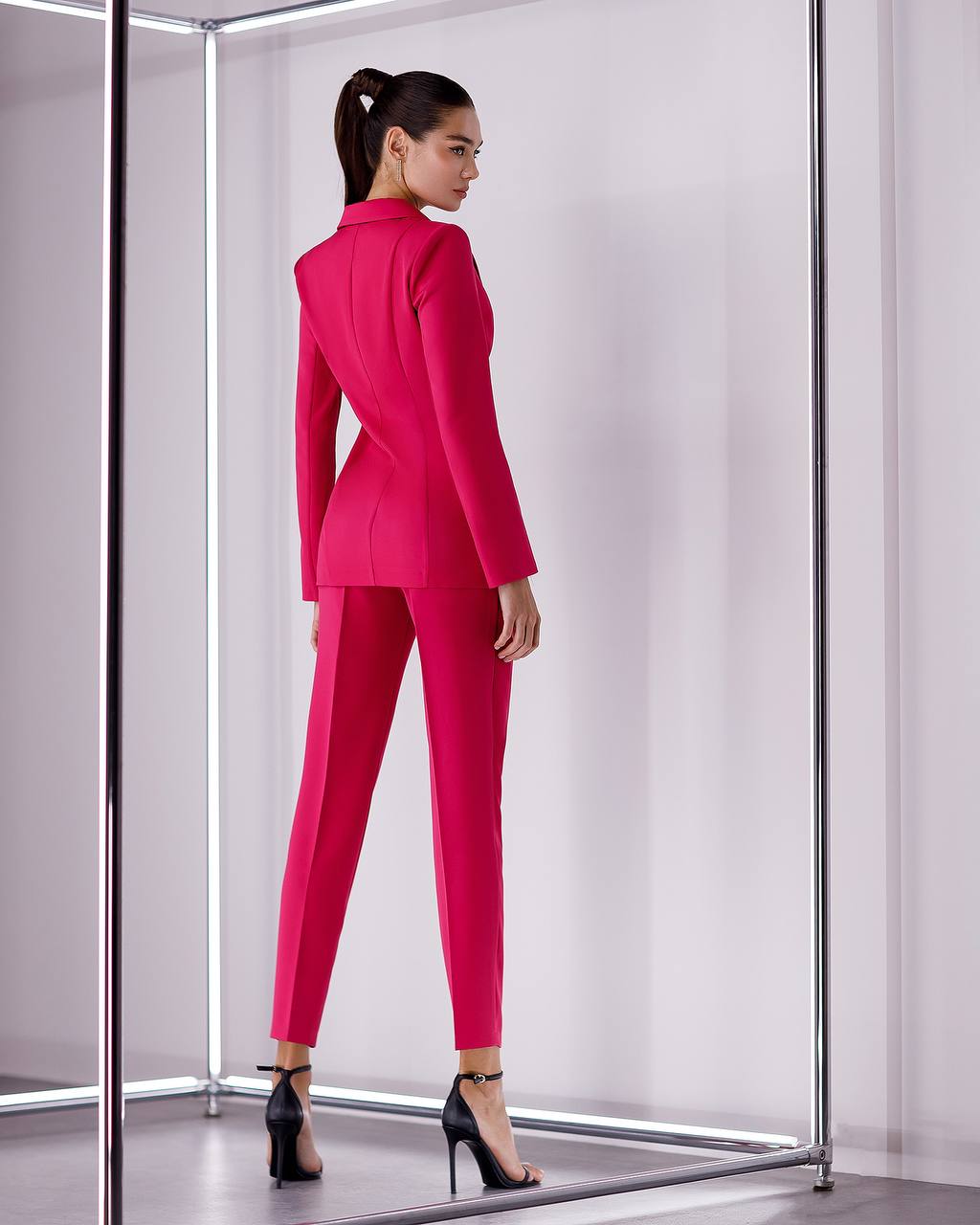 3 Pieces Women Prom Bridal Wedding Cocktail Suit Set Pantsuit Trousers Jacket Pants Top Bra Raspberry