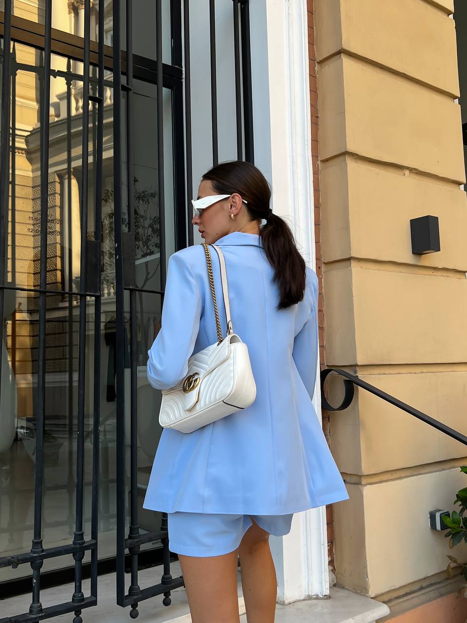 Womens Light Blue Diagonal Crepe Blazer and Shorts Set