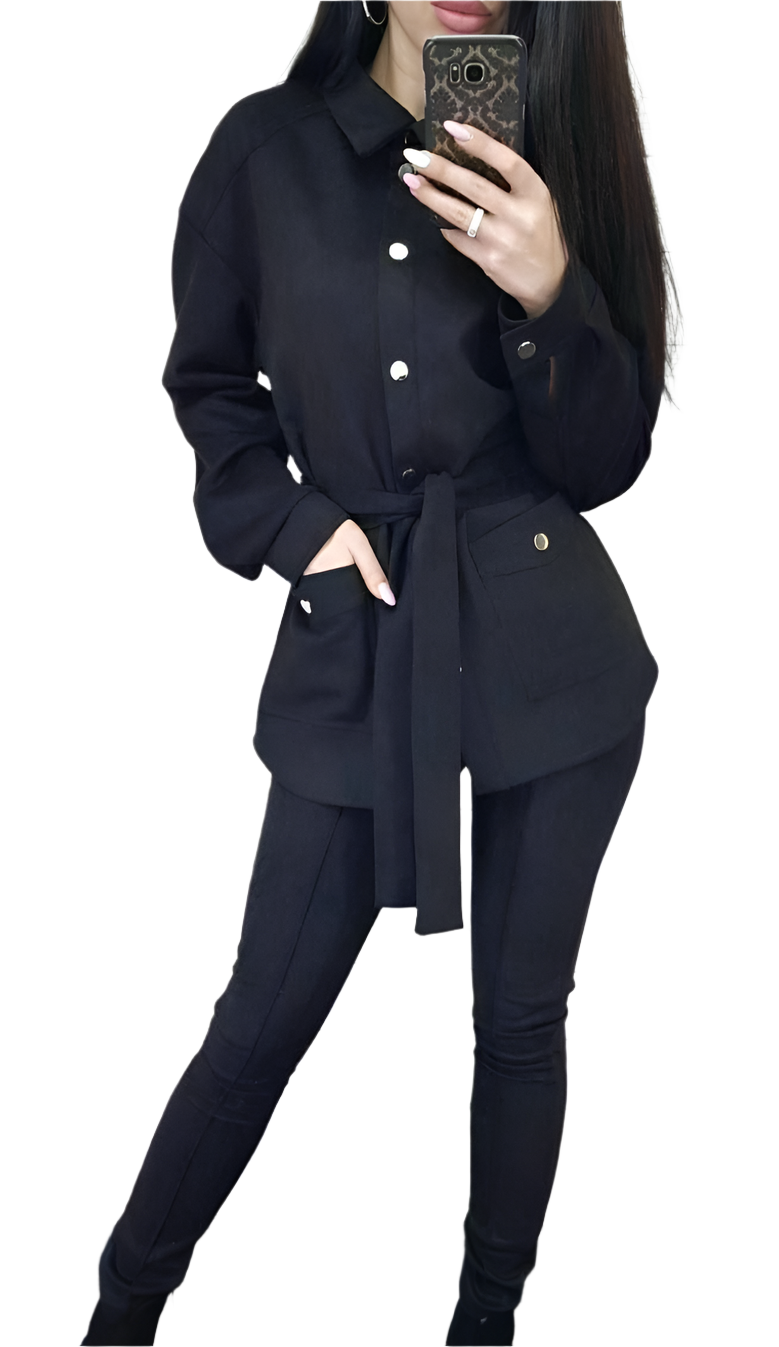 Karina Suede Suit for Women Button Down Shirt with Belt and High Waist Pants