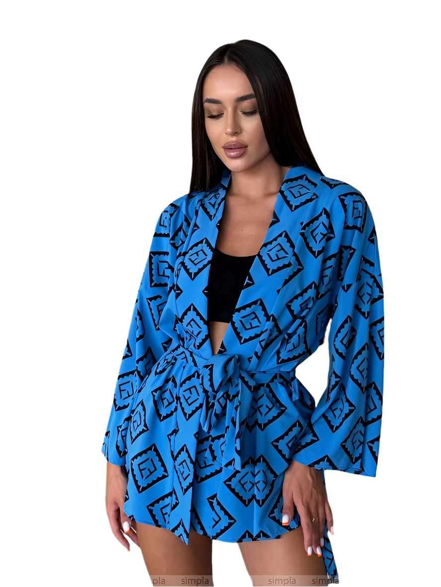 Womens Blue Patterned Soft Fabric Kimono and Shorts Set