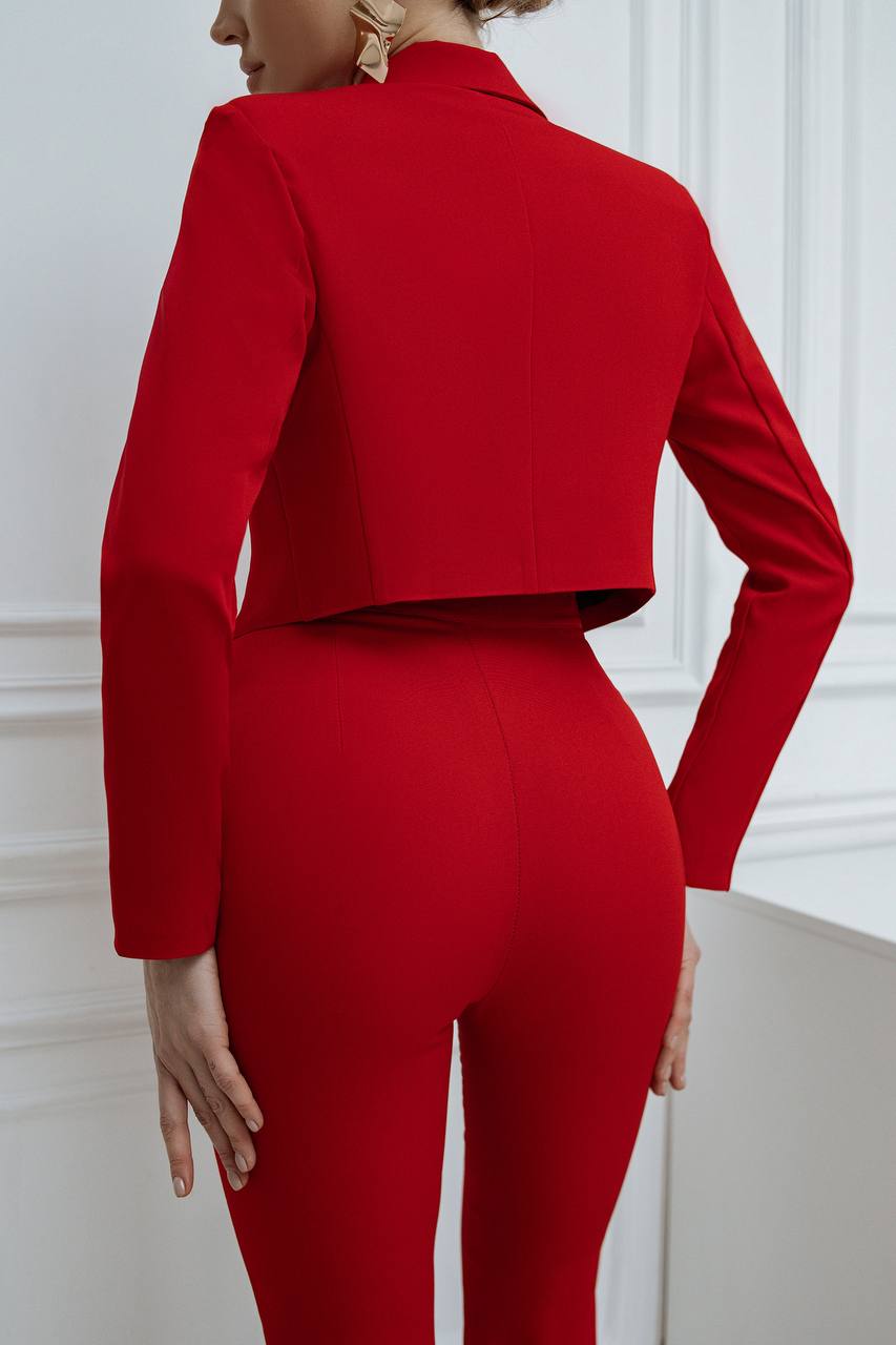Person wearing a red outfit with a cropped jacket and high-waisted pants against a white background