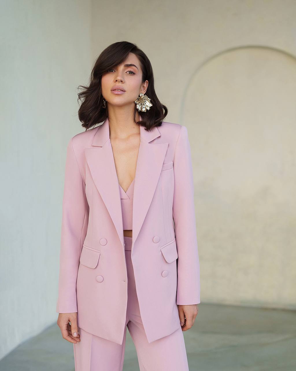 Pink Prom Bridal Wedding Cocktail Graduation Three Piece Womens Suit Jacket Top Trousers Elegant Business Outfit Pantsuit Palazzo Pants
