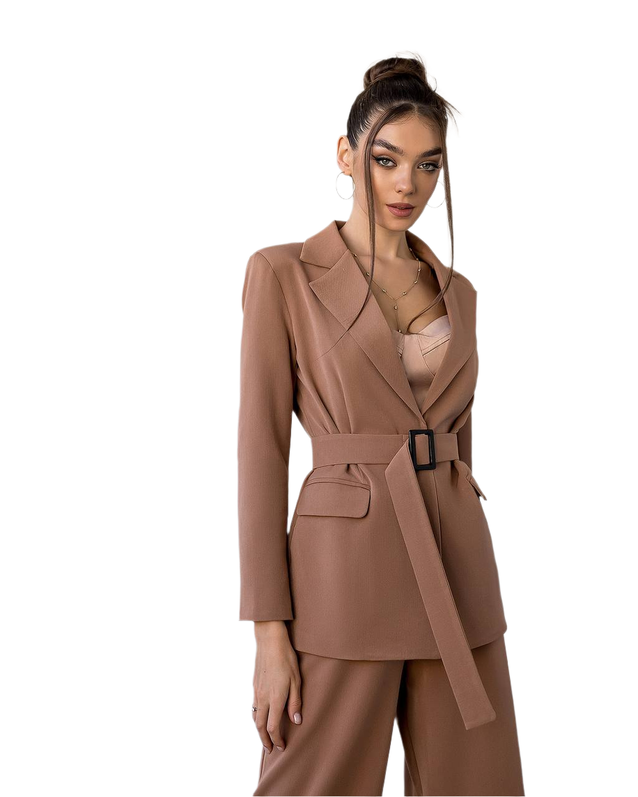Woman wearing a brown suit with a belt on a white background