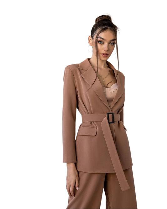 Woman wearing a brown suit with a belt on a white background