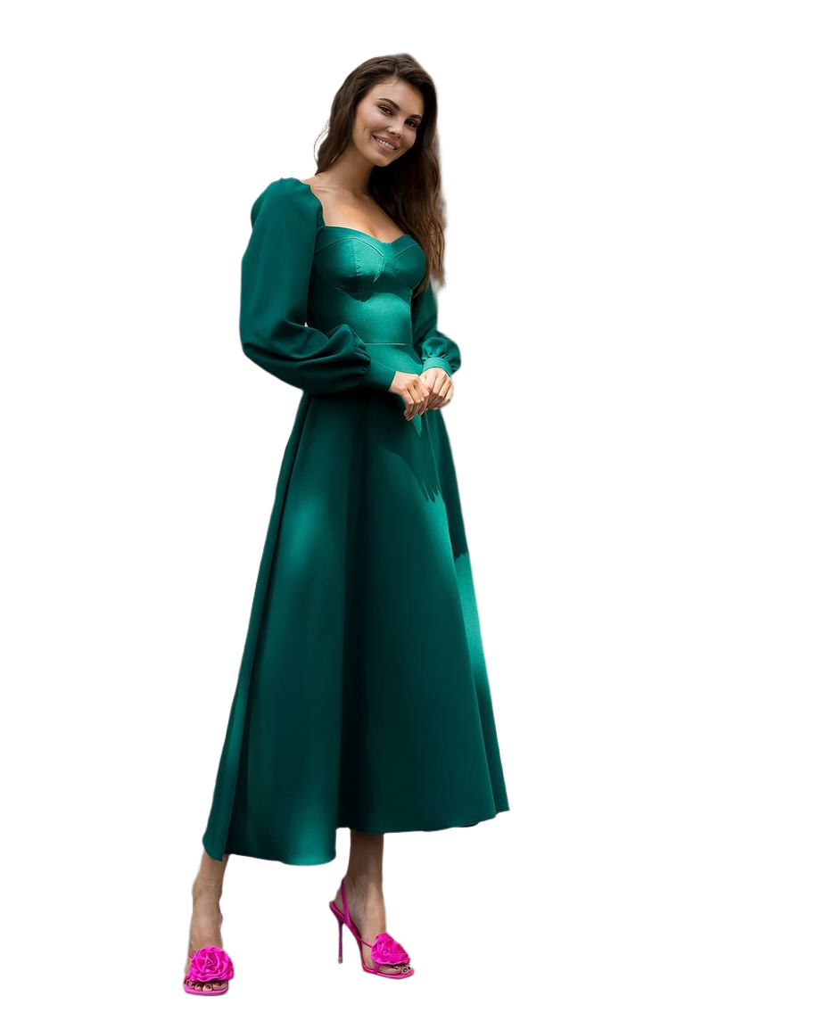 Elegant Green Dress with Cups Long Puff Sleeves and Firm Fittings