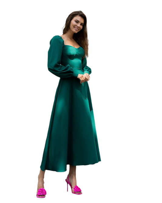 Elegant Green Dress with Cups Long Puff Sleeves and Firm Fittings