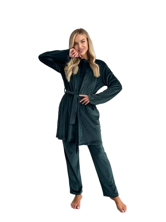Velour Knit Three Piece Loungewear Set Emerald Green Robe Top Pants